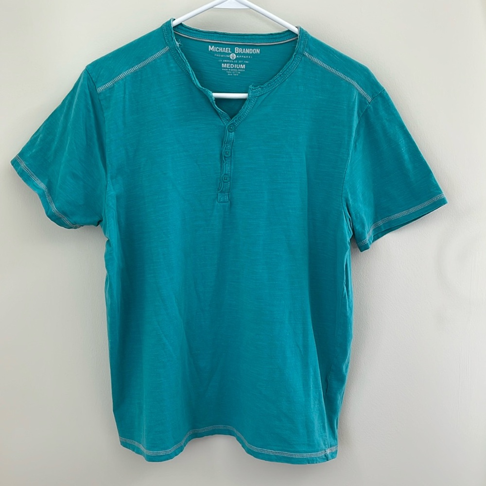 MICHAEL BRANDON Short Sleeve Light Teal Mock Henley Shirt